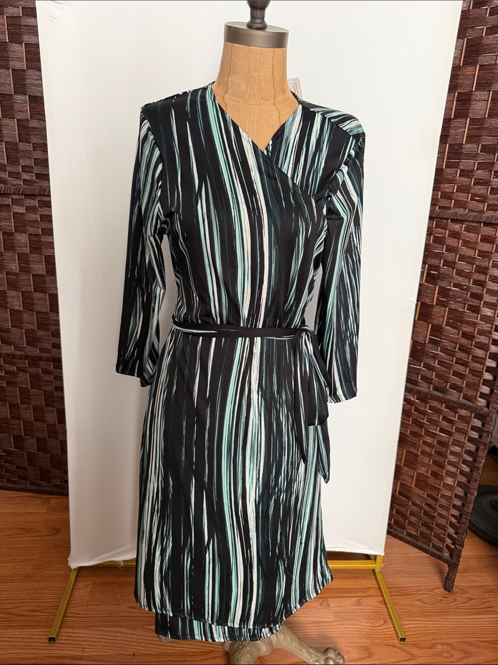 LuLaRoe Black Midi Wrap Dress with Teal and White Stripe Michelle NWT Size L